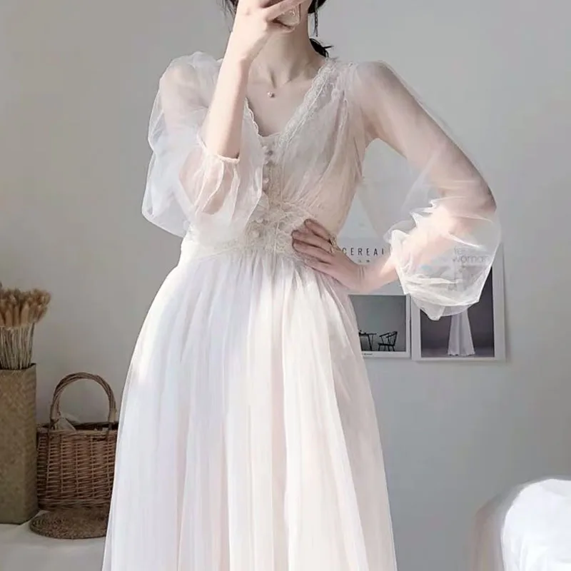 

Dress Women 2021 Spring Plus Size Midi Dresses Elegant A-Line Vestidos Solid Puff Sleeve V-Neck Ladies Lace Dress Mesh 8126 50