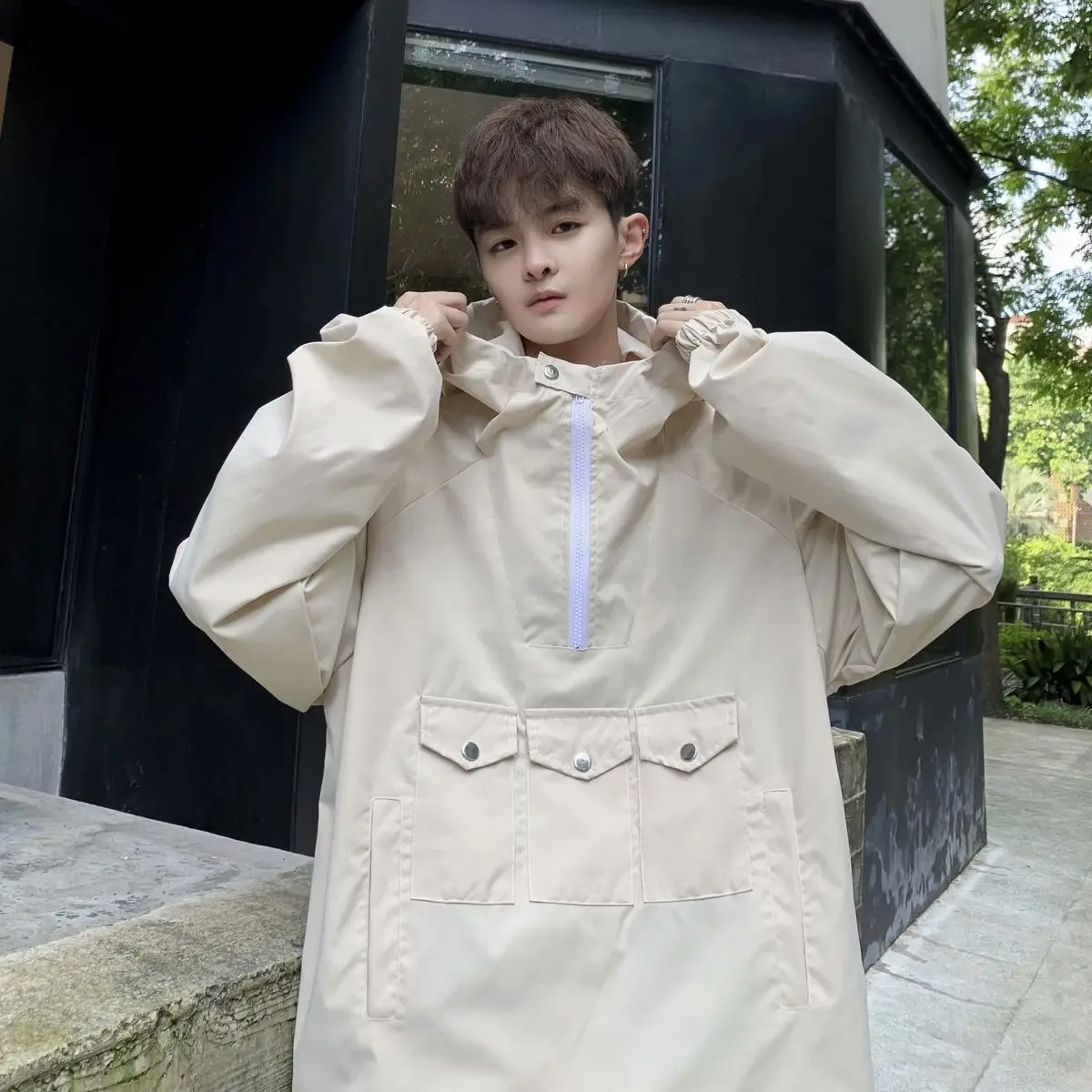 

9198-P45 autumn wear solid color youth trench coat men's Korean style loose casual drawstring hooded student top A