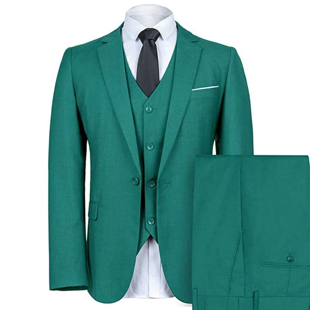 Mens Green Suit One Button Notch-Lapel 3 Pieces Suits Blazer Tux Vest & Trousers