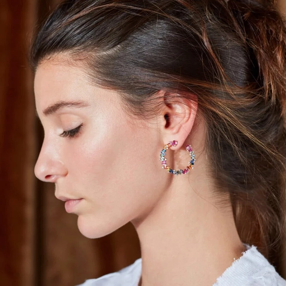 2021 Luxury Gold color round circle geometric stud earring Baguette rainbow colorful cz paved fashion trendy jewelry for women | Украшения