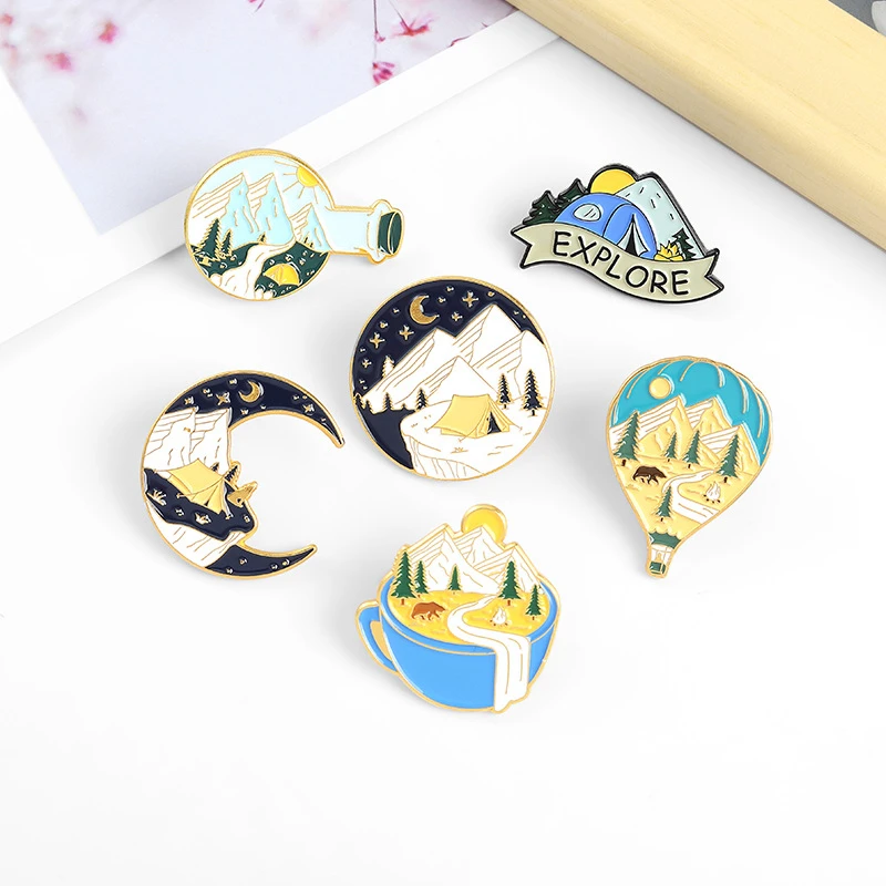 

Outdoors Adventure Landscape Enamel Pin Moon Balloon Mountain Brooches Anime Backpacks Lapel Pin Badge Jewelry Gift for Friends
