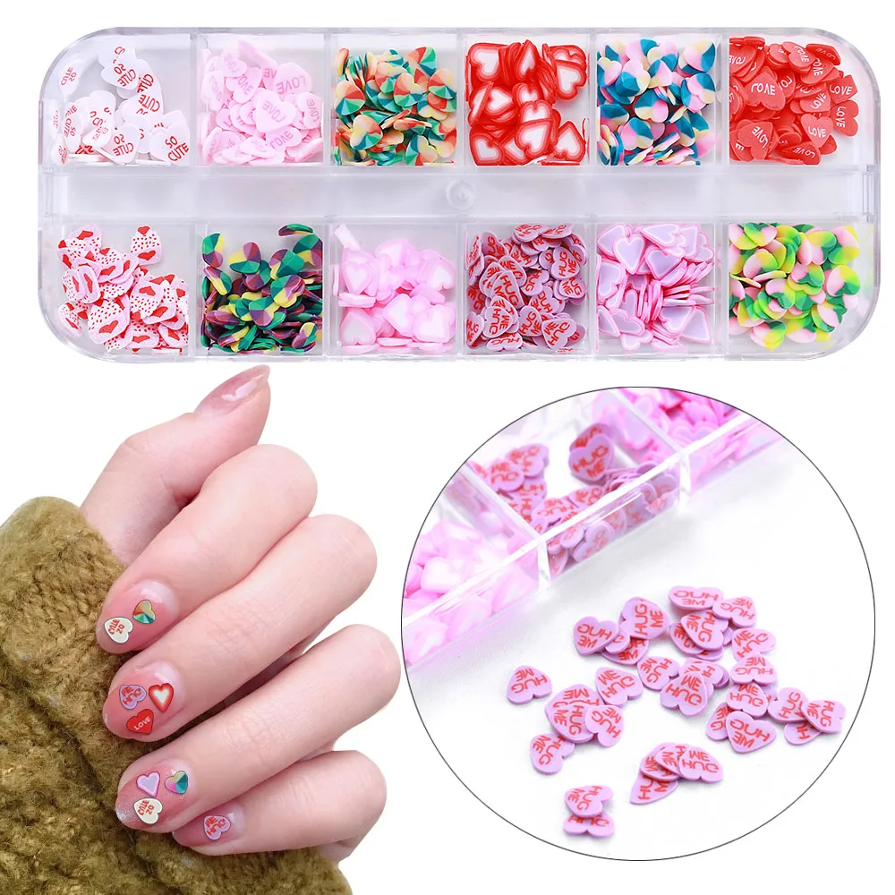 

12 Grids A Box of Love Heart Soft Pottery Patches Colourful Mixed Type 3D Nail Art Design Decoration DIY Accesoires Ongles