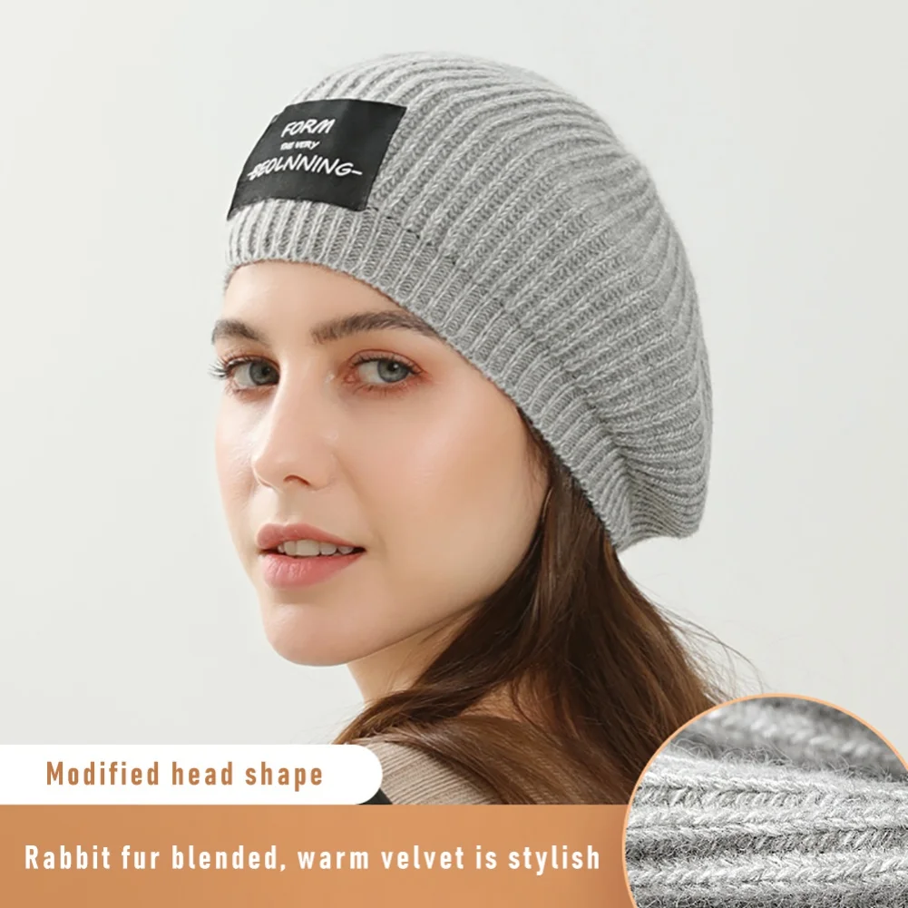 

Women Knitted Berets Rabbit Hair Blend Beanies Hat Winter Warm Face Retouching Outdoor Running Caps