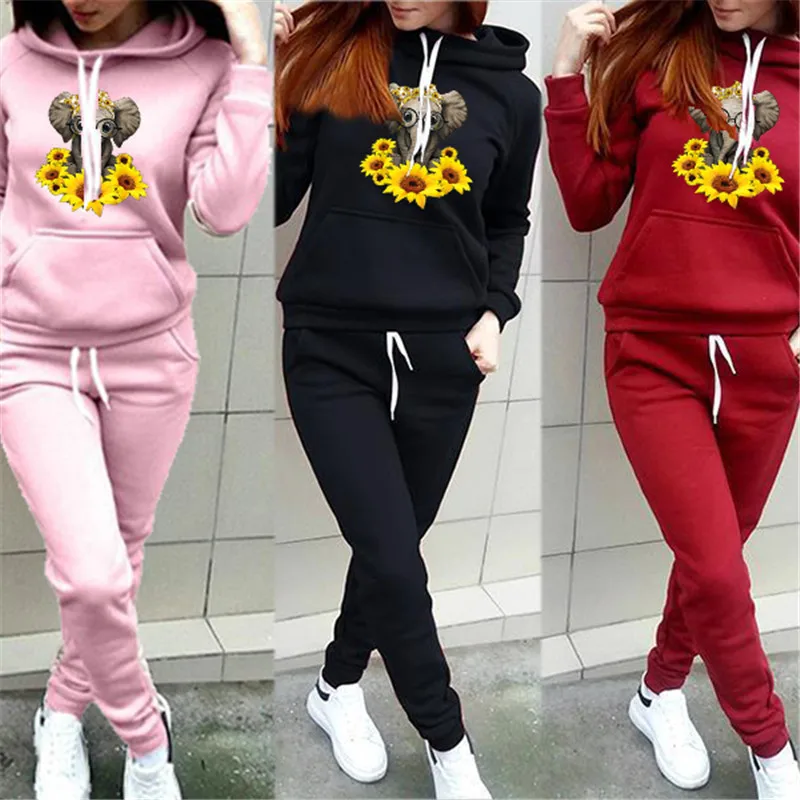 

2021 Women's Solid Color Sportswear Two-Piece Suit Women's Printed Hoodie And Casual Pants Suit Women's Outdoor Sports Suit Set