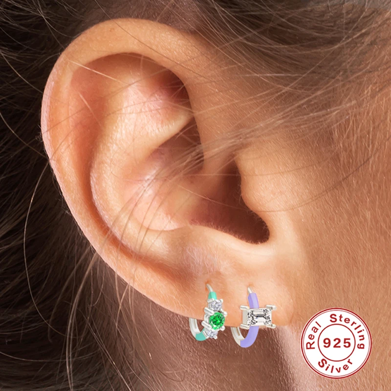 

CANNER 925 Sterling Silver Earrings Hoop Geometry Zircon Enamel Luxury Earrings For Women Engagement Gift pendientes plata 925