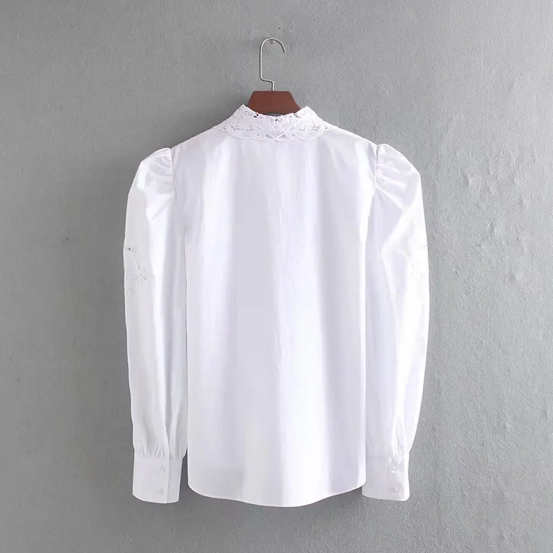 2019 осенние Хлопковые женские рубашки с отложным воротником пышными рукавами