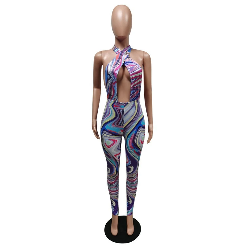 

Summer Clothing Jumpsuit Women Print Halterneck Backless Sexy Bodysuit One Piece Outfits Lounge Clubwear Streetwear Wholesale