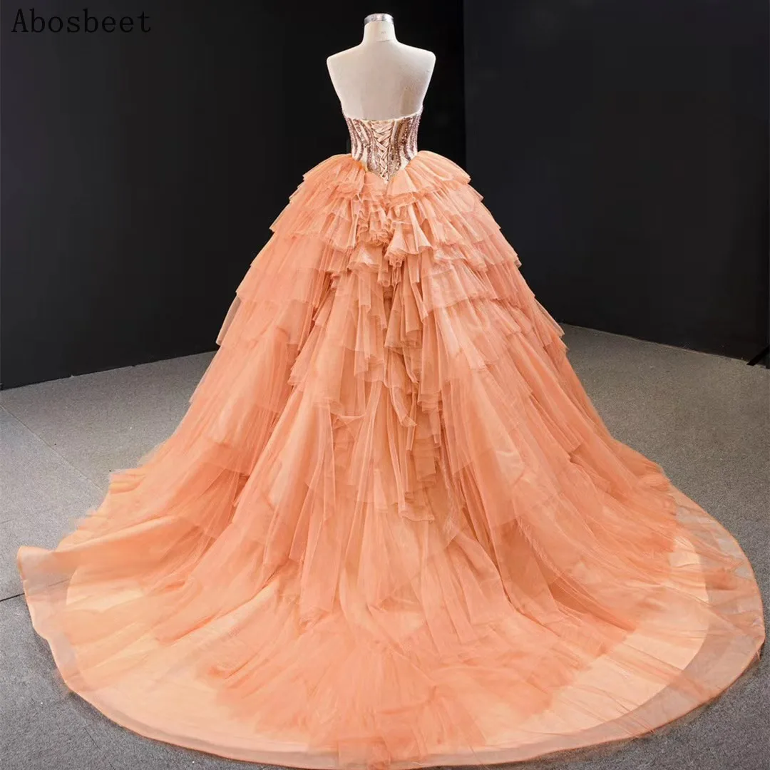 Shining Beading Ball Gown Evening Dress 2021 Puffy Gown Court Train Elegant Sweetheart Neck Orange Long Formal Evening Prom Gown