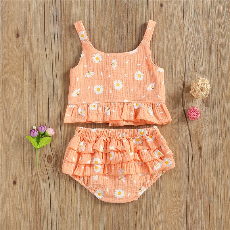 

Baby Girls Summer Outfits 2Pcs , Daisy Print O-Neck Button-Open Tank Tops + Elastic Waist Ruffled Shorts for Toddlers