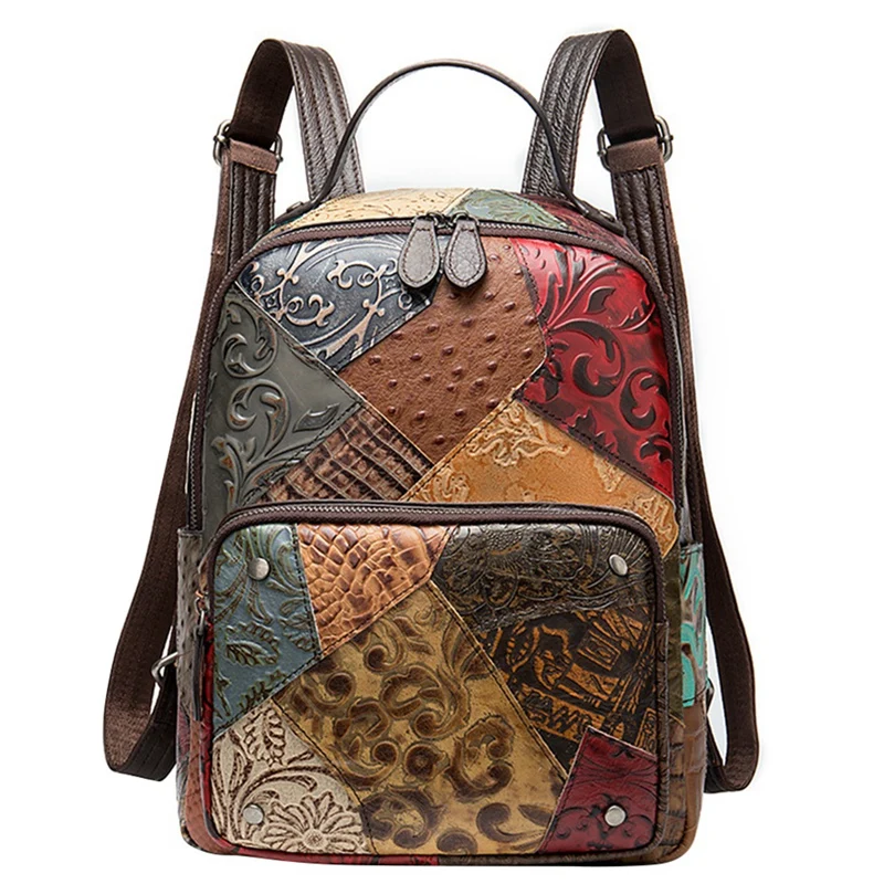 

Colorful Patchwork Backpack Women's Leather Travel Backpack Ethnic Style Ladies Travel Bag