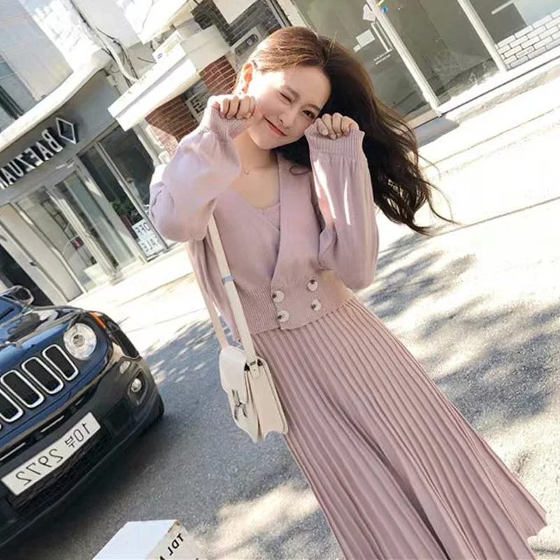 

2020 Autumn Winter Women Knitted Double-breasted Pink Long Sleeved Coat Set + Skirt Pleated For Pleated Dress set
