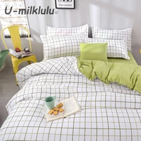 Grid Printed Bedding Set Nordic Sheet Set Green Duvet Cover Single Double Queen King Size Elastic Bed Set  Pillowcases 4pcs