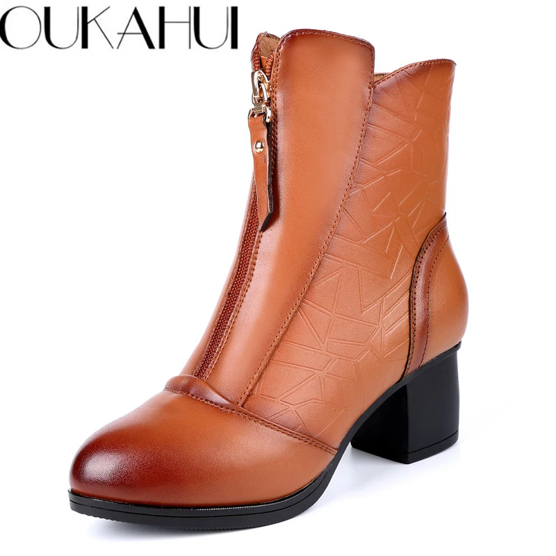 Элегантные женские ботинки OUKAHUI из натуральной кожи с острым носком для зимы