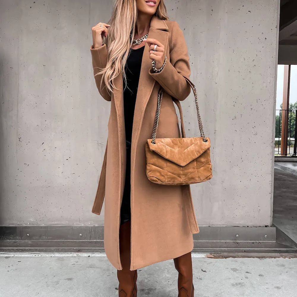 

New Autumn And Winter All-match Fashion Simple Long-sleeved V-neck Tie Woolen Coat Jacket Women's Clothing Overcoat