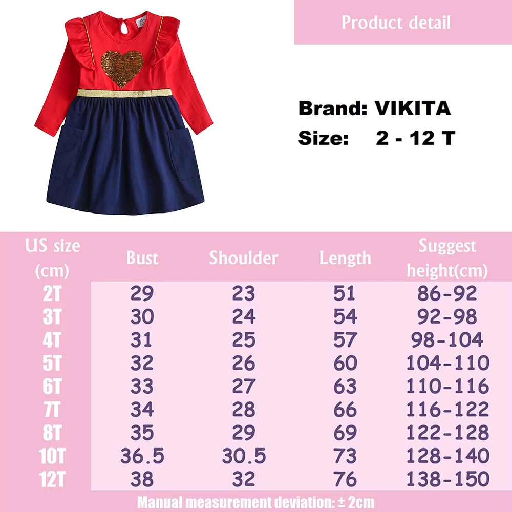 VIKITA chicas Navidad vestido de A&ntilde;o Nuevo ni&ntilde;os coraz&oacute;n de lentejuelas vestidos de algod&oacute;n de los ni&ntilde;os vestidos con bolsillos elegante vestidos 3-12Y-5