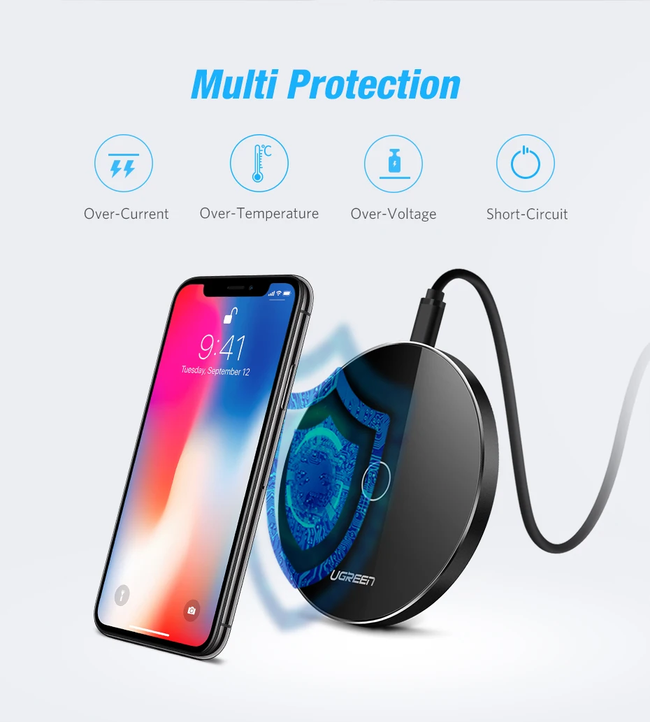 Ugreen 10 Вт QI Беспроводной Зарядное устройство для Samsung S8/S8+/S7 edg быстро Беспроводной зарядки для iPhone 8/x Nexus5 Lumia 820 USB Зарядное устройство pad