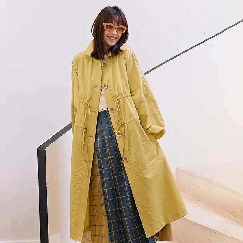 LANMREM может отправить темперамент свободный желтый лацкане длинный ветровка для