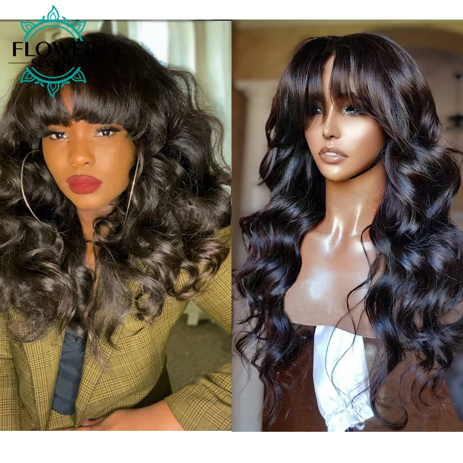Wavy Human Hair Wig With Bangs O Scalp Top Full Machine Wigs Glueless Remy Brazilian Loose Body Wave Wig For Women FlowerSeason