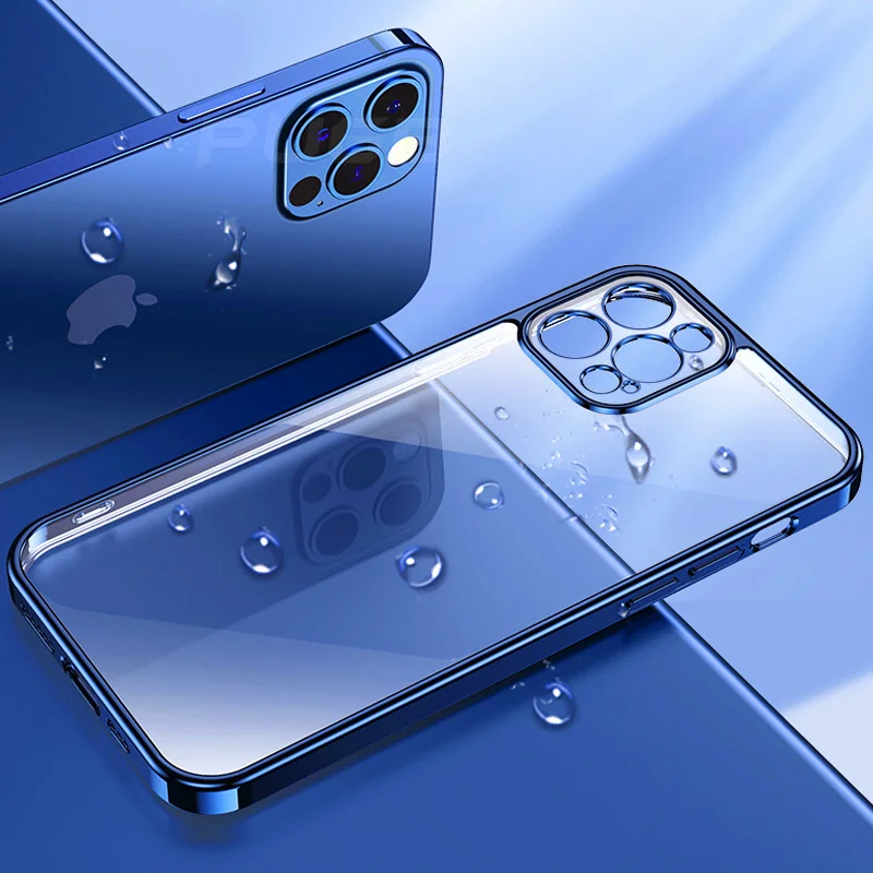 

Luxury Plating Square Frame Transparent Case On For IPhone 12 11 Pro Max Mini X XS XR 7 8 Plus SE 2020 Soft Silicone Clear Cover