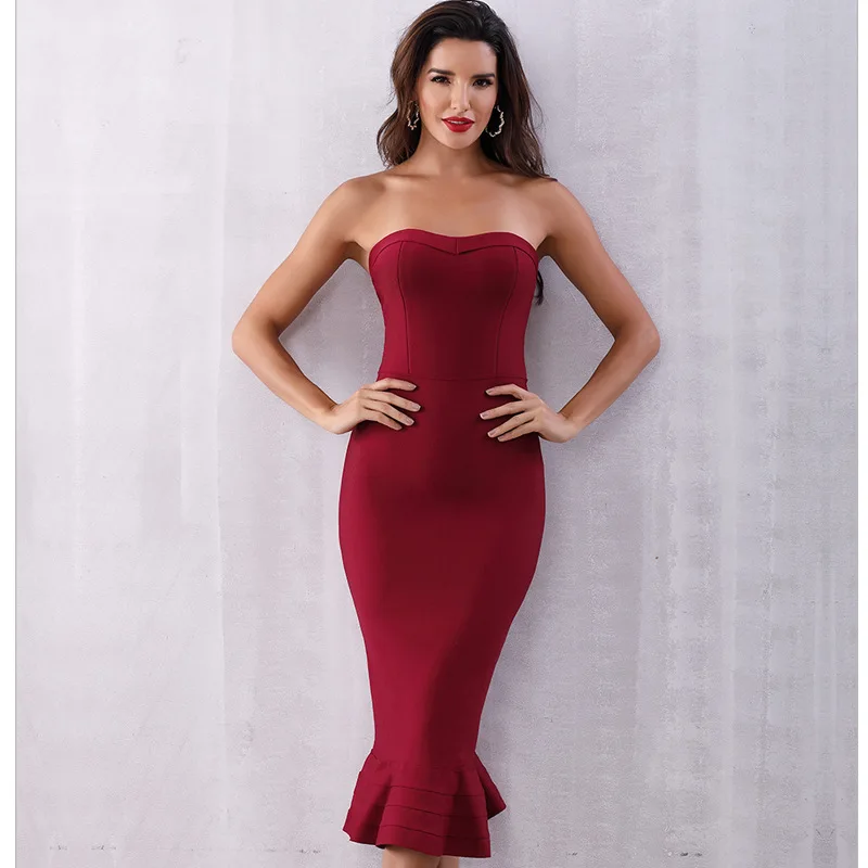 

2021 New Ruffles Sexy Tube Top Dress Strapless Mermaid Dress Women Sexy Bodycon Dresses Celebrity Evening Party Club Midi Dress