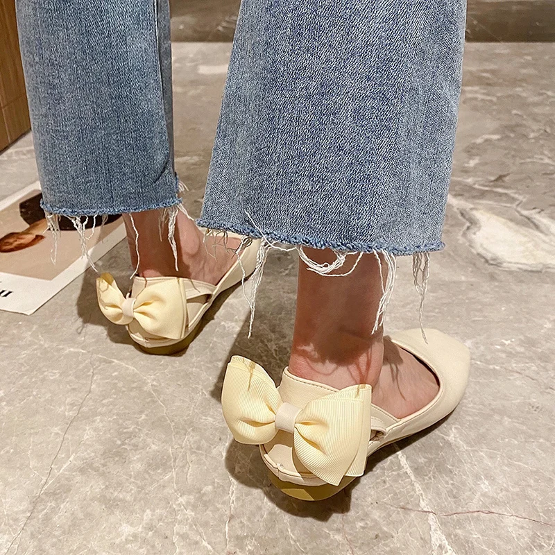 

Square Toe Casual Woman Shoe All-Match Slip-on Female Footwear Shallow Mouth Bow-Knot Moccasin New Grandma Slip On Dress Summer