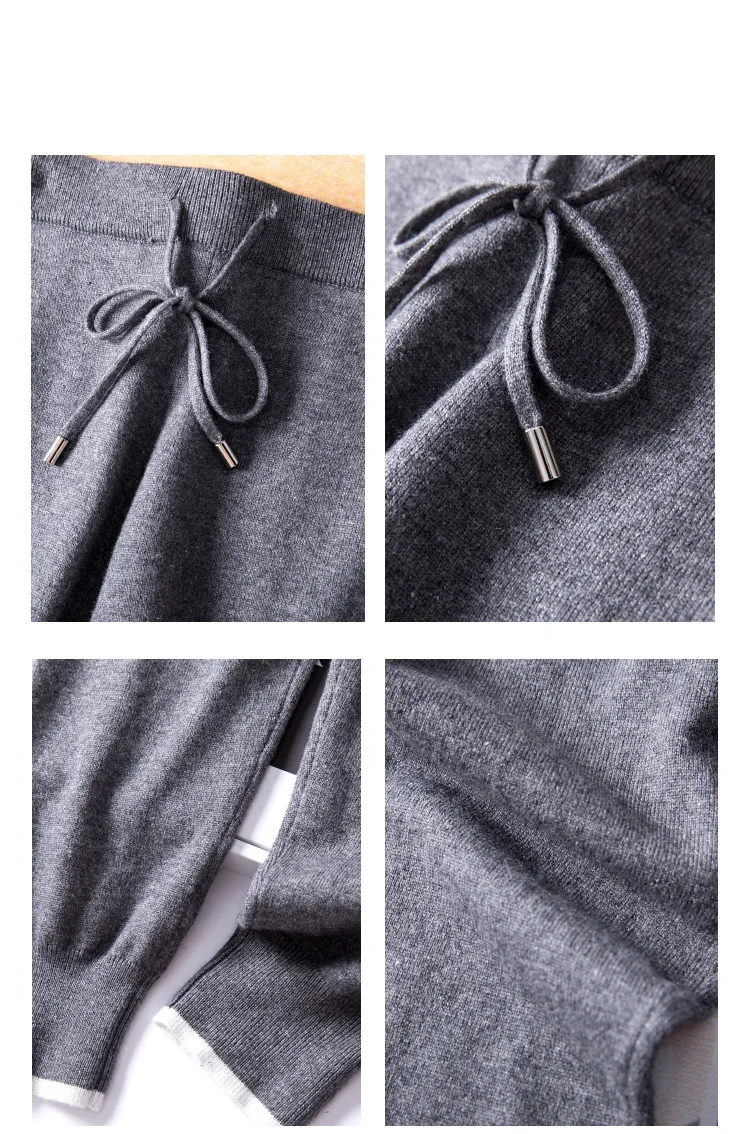 Time-limited Full Wool New Cashmere Suit Fashion Color Matching V-neck Sweater And Feet Pants Warm Two Piece Set Apricot