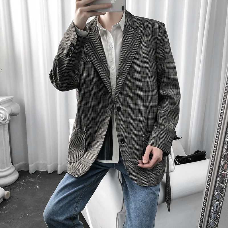 Новый модный клетчатый блейзер с длинным рукавом мужской пиджак классический