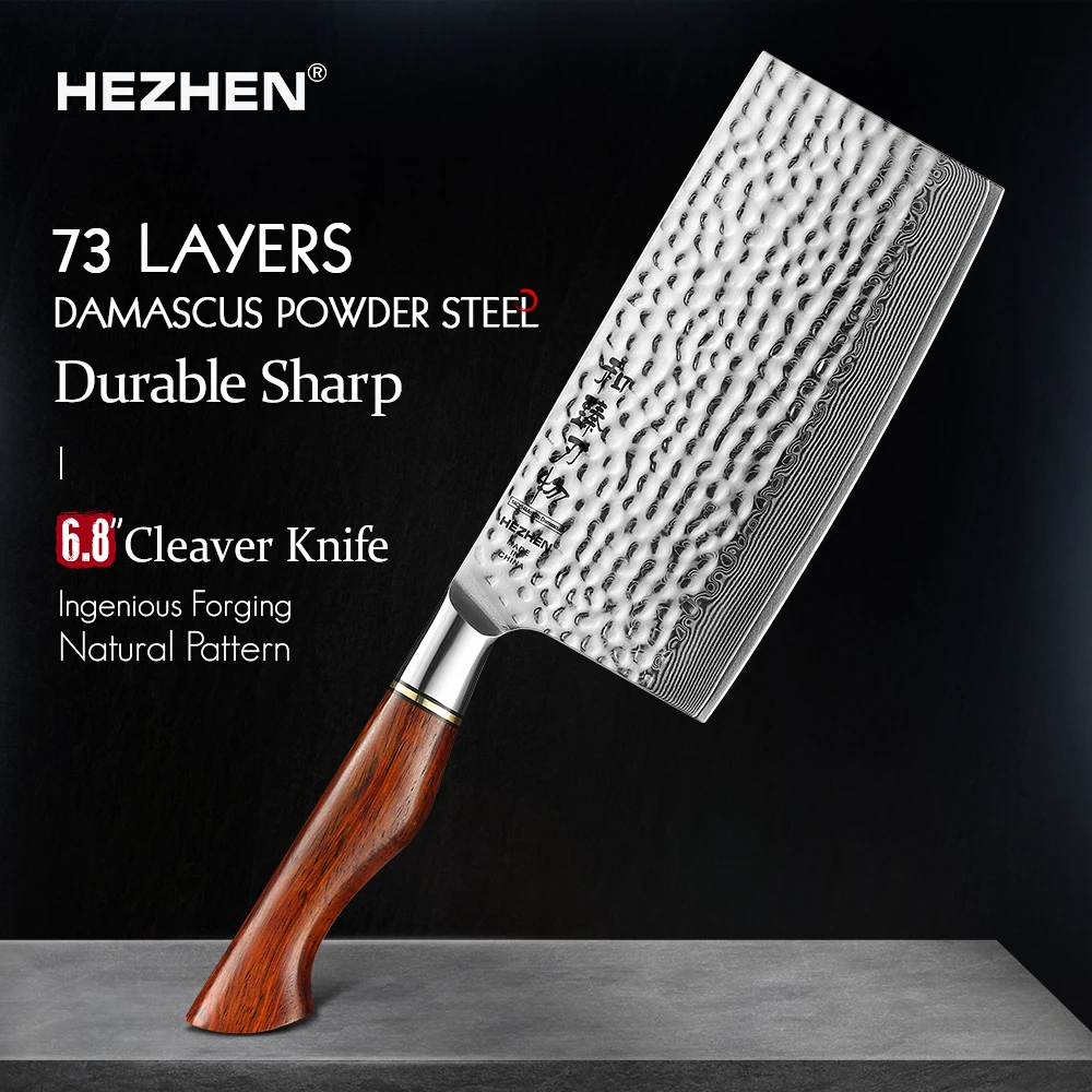 

HEZHEN 6.8 Inches Cleaver Knife 73 Layers Powder Steel Damascus Steel Kitchen Slice Knives For Meat Cut Vegetable