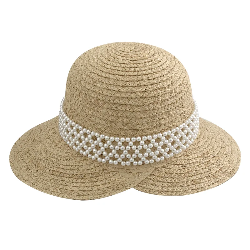 

Hepburn Style Pearl Raffia Hat Female Summer Beach Large Brim Sun Protection College Style Seaside Travel French Sun Hat