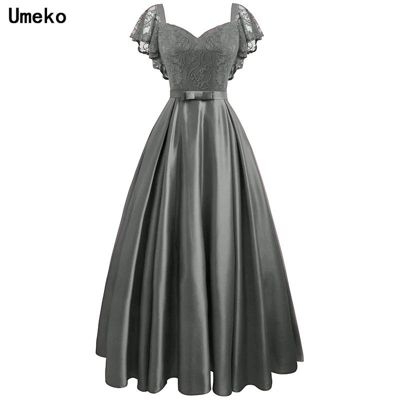 Платье Maxi для вечеринок 2020 года новой моды для женщин с кружевными вставками на коротких рукавах, высокой талией, А-образного кроя с длинным бантом и плюс размером.