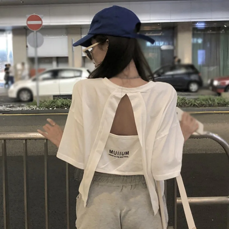 

Womens Solid Color Tee Shirt Round Neck Short Sleeve Backless Design Short Sleeve Top T-Shirt Female Crop Top Female Tee