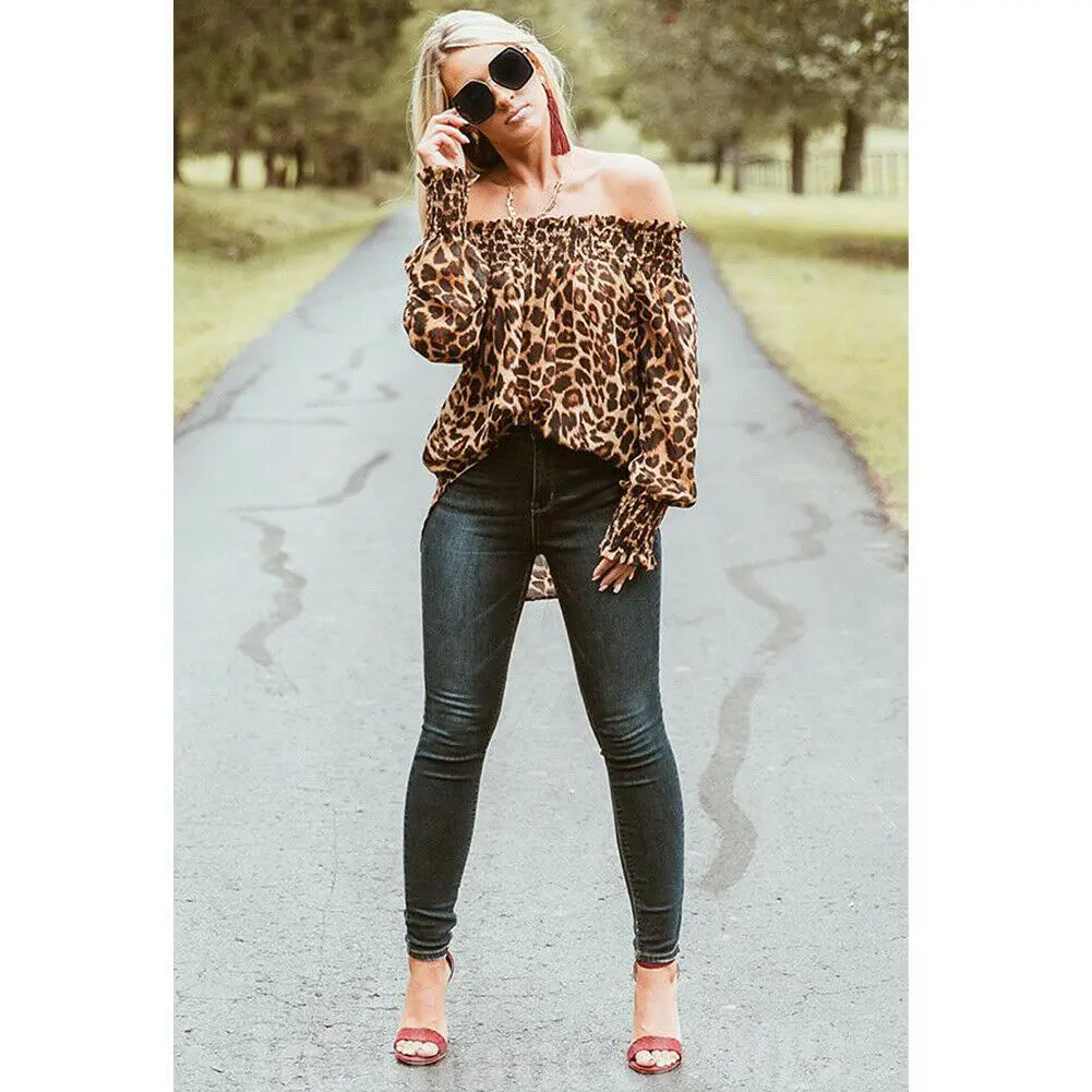 Sexy Style Women Leopard Shirts Off Shoulder Printing Loose Tops Pullovers Chic Ladies Blouse Stylish Femme Blusa Shirt Clothing