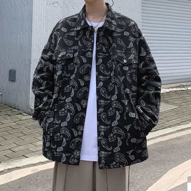 

Ins dark black European and American high street hip hop fashion brand West Coast cashew flower loose and versatile denim jacket