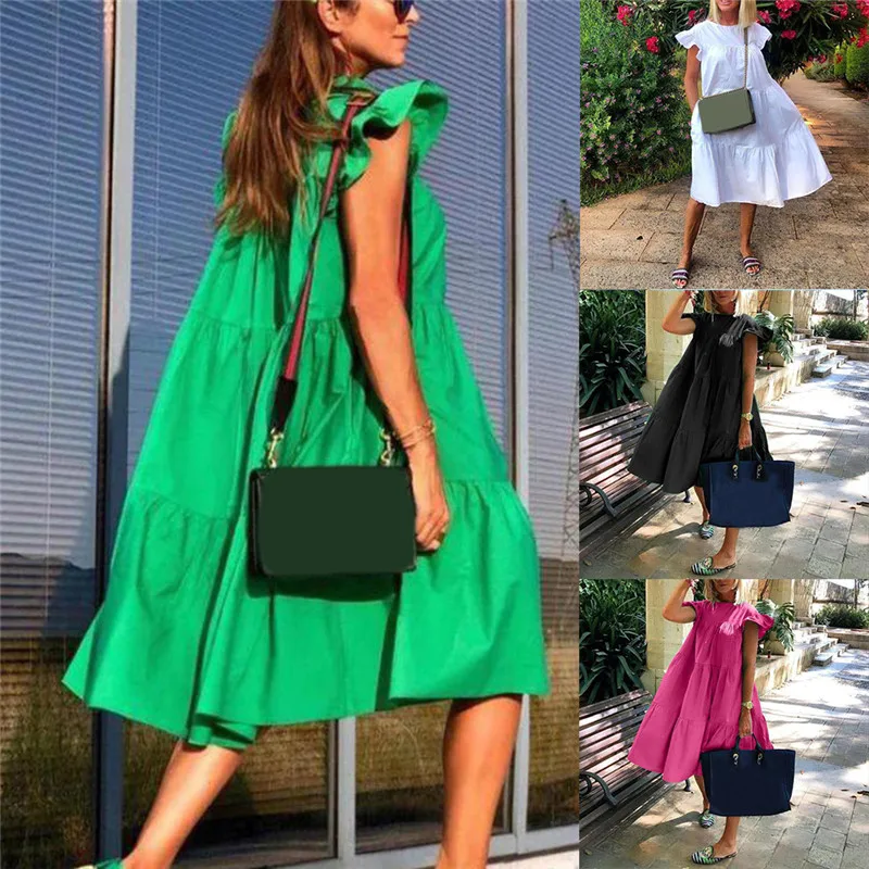 Платье женское Плиссированное однотонное длинное модное свободное с коротким