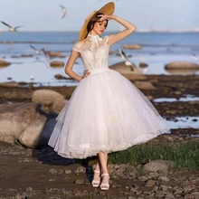 Pure White High Neck Bow Tea Length Tulle Dress Elegant Applique Lace Evening Dress Cap Sleeve Party Gown For Women 2022 (1)