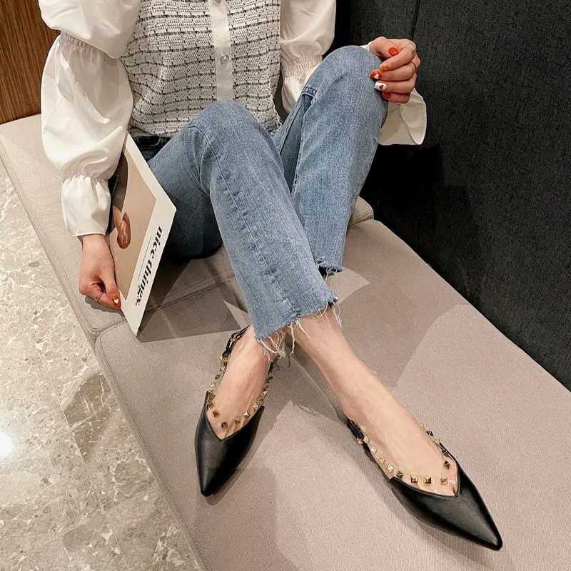 

2021 Summer Female Sandal Clear Heels Black Shoes for Women Girls Flat Beige Fashion Studded Comfort Pointed Low Closed New Casu