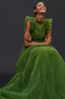 Женское длинное платье из тюля, зеленое ТРАПЕЦИЕВИДНОЕ ПЛАТЬЕ с оборками для вечевечерние