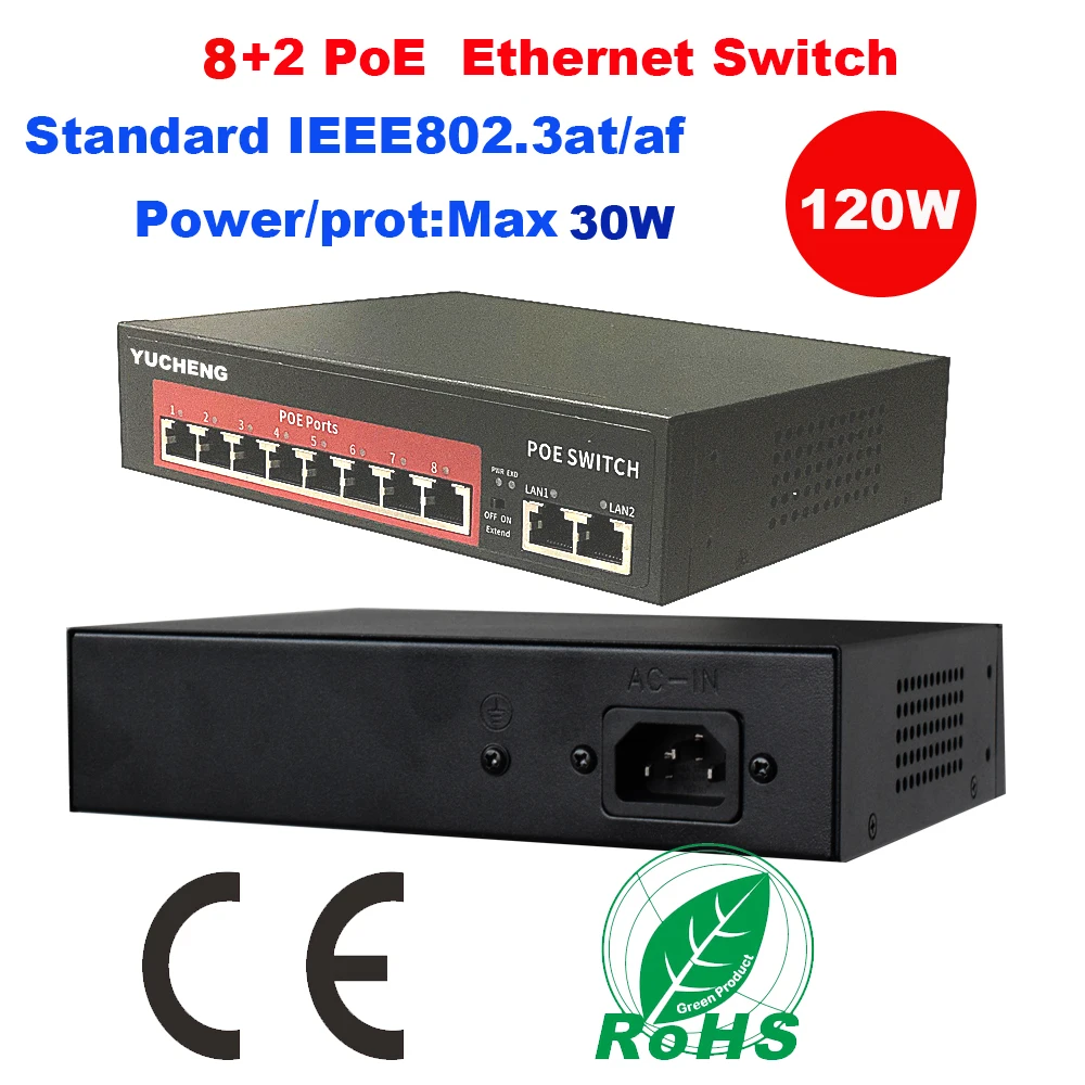 Коммутатор POE 8 каналов ieeee802.3 at/af 10 портов + 2 120 Вт Ethernet выключатель инъектор