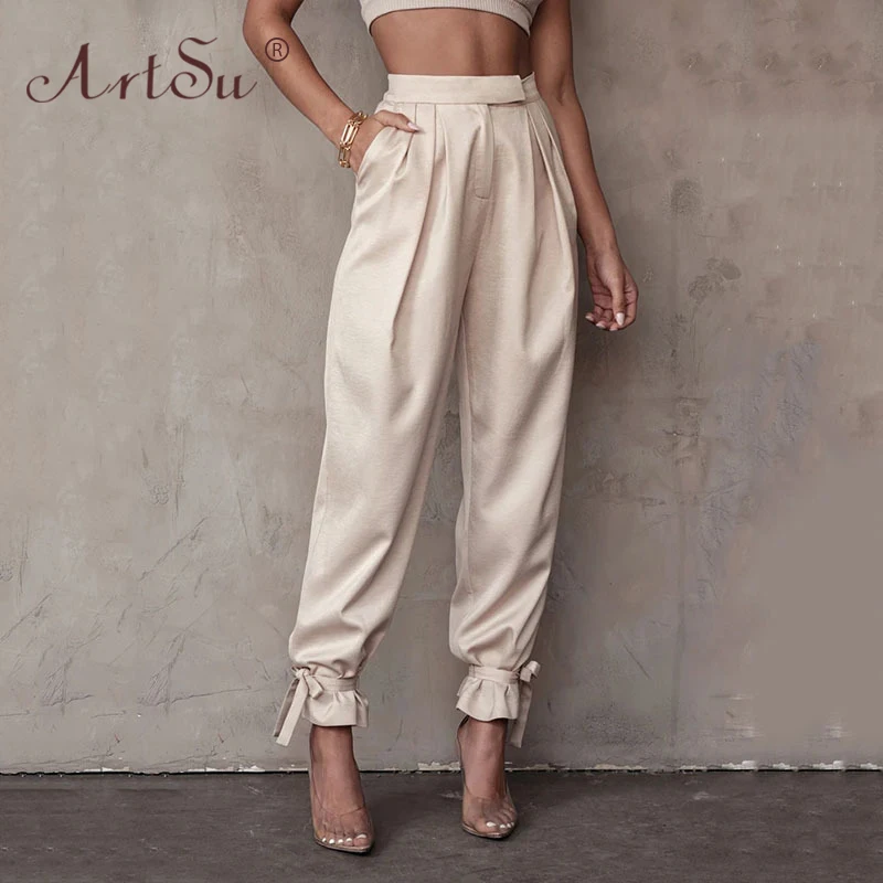 

ArtSu Women Fashion High Wiast Satin Long Pants Streetwear Fitness Casual Autumn Pantalon Lady Green White Lace Up Office Pants