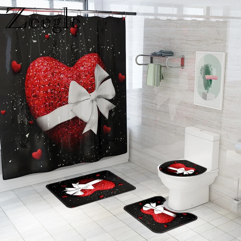 

Valentine's Day Bath Mat and Shower Curtain Set Flannel Toilet Seat Cover Mat Bathroom Floor Mat Absorbent Shower Foot Rugs