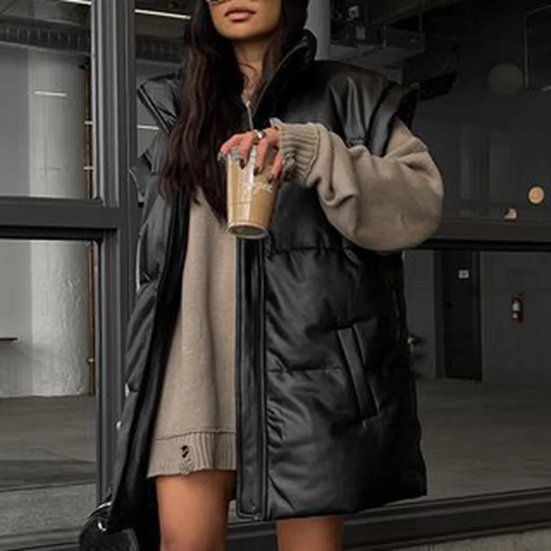 

New 2022 Winter Spring Stand Collar Black Vests Women Fashion PU Coats Women Elegant Straight Simple Vests Female Ladies