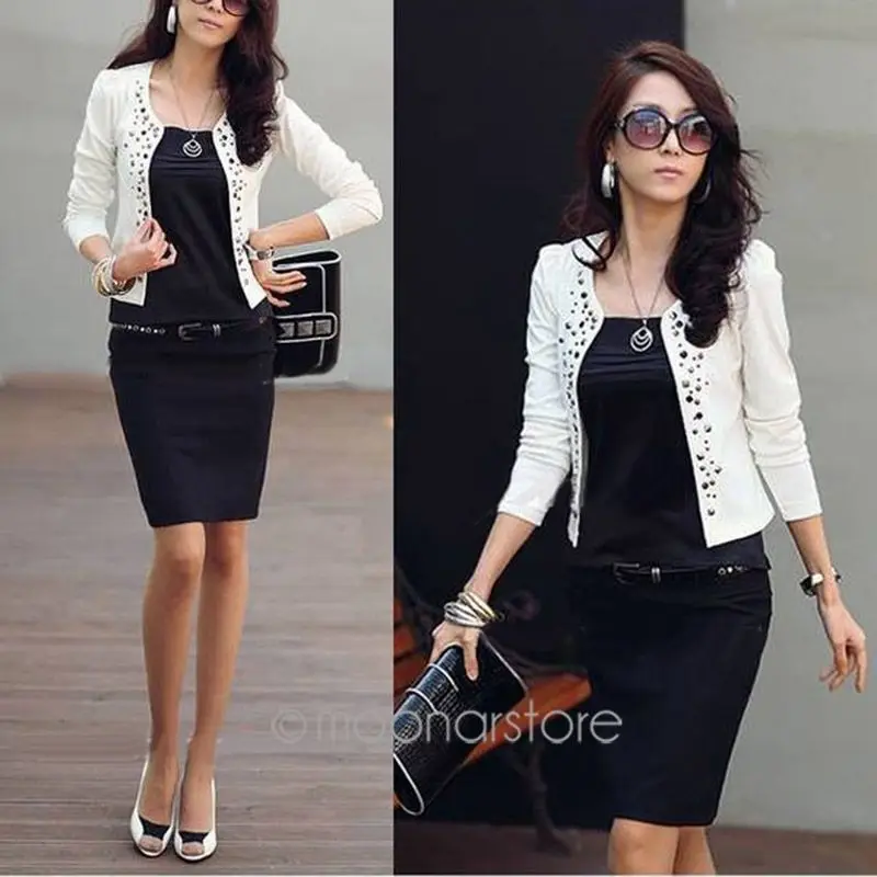 

Super Fashion Cool Women Ladies Long Sleeve Shrug Suits small Jacket Elegant Women's Rivet Coat Black/White