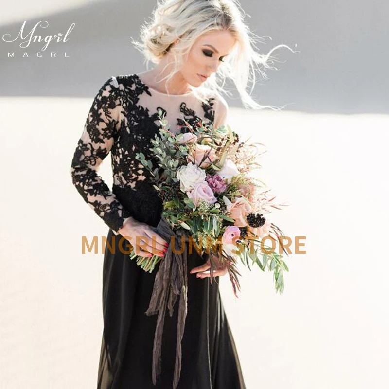 

MNGRL Bridal Dresses Simple O-neck Long Sleeve 3D Flower Lace Wedding Dress Split fork Backless Plus Size Wedding Gown