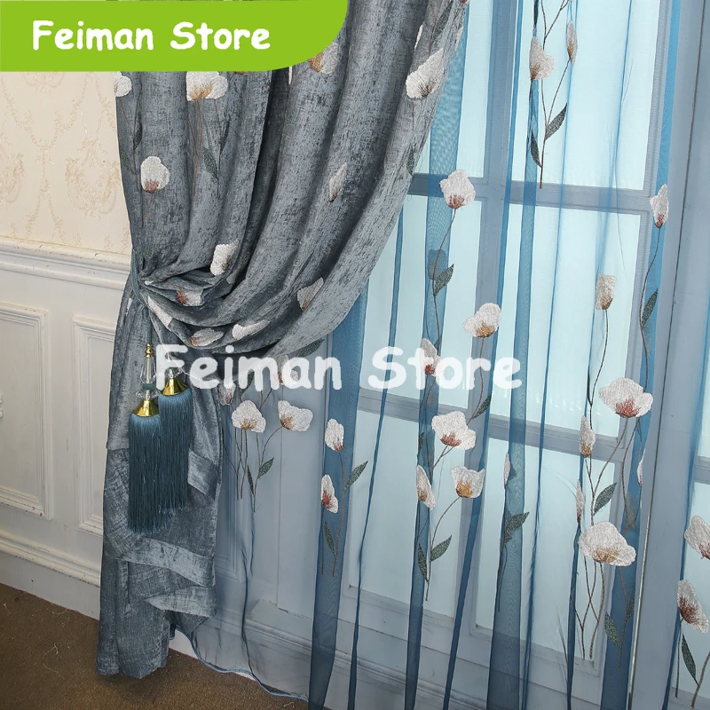Pastoral White Kapok Chenille Tulle Fabric Curtains For Living Room Thick Insulation Embroidered Window Treatments AP259-30 | Дом и сад