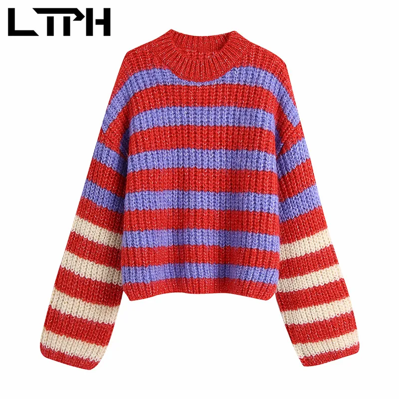 

LTPH свободные свитера оверсайз с круглым вырезом, женские вязаные свитера в полоску, топ с длинными рукавами, мягкие теплые пуловеры, новинка...