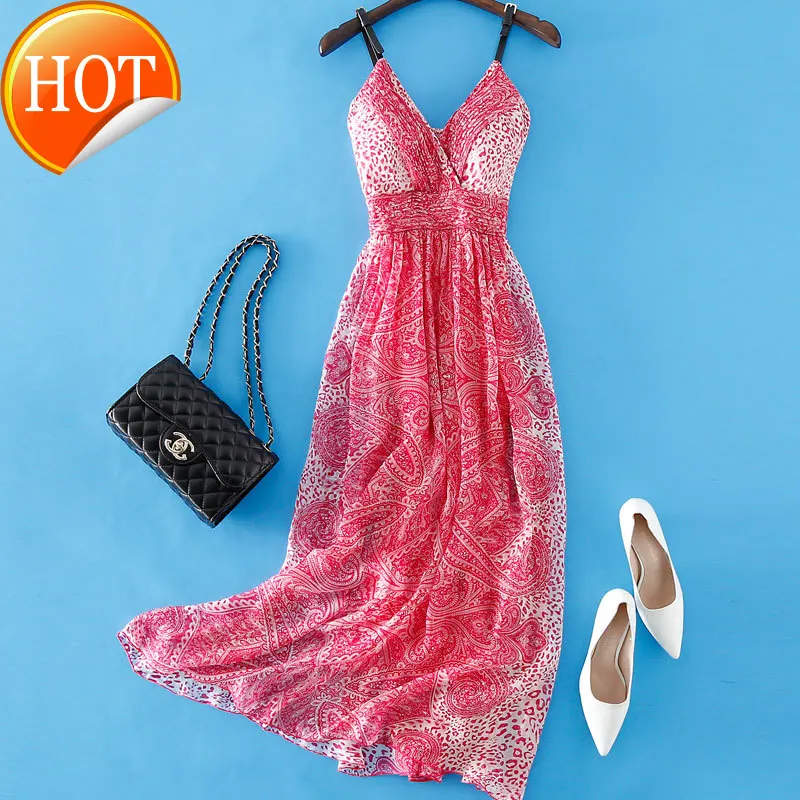 

Silk dress women's summer dress new gentle wind fairy suspender skirt summer flower thin beach skirt