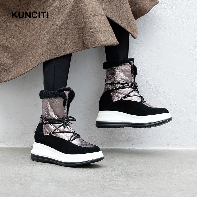 KUNCITI/; зимняя обувь; женские зимние ботильоны на шнуровке; ботинки из натуральной кожи на танкетке; модная дизайнерская теплая обувь на меху; D9182