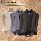 Kuzuwata 2021 осень новый свитер японский однотонный водолазка Боковой разрез без рукавов брошь трикотажный пуловер Модный Милый джемпер