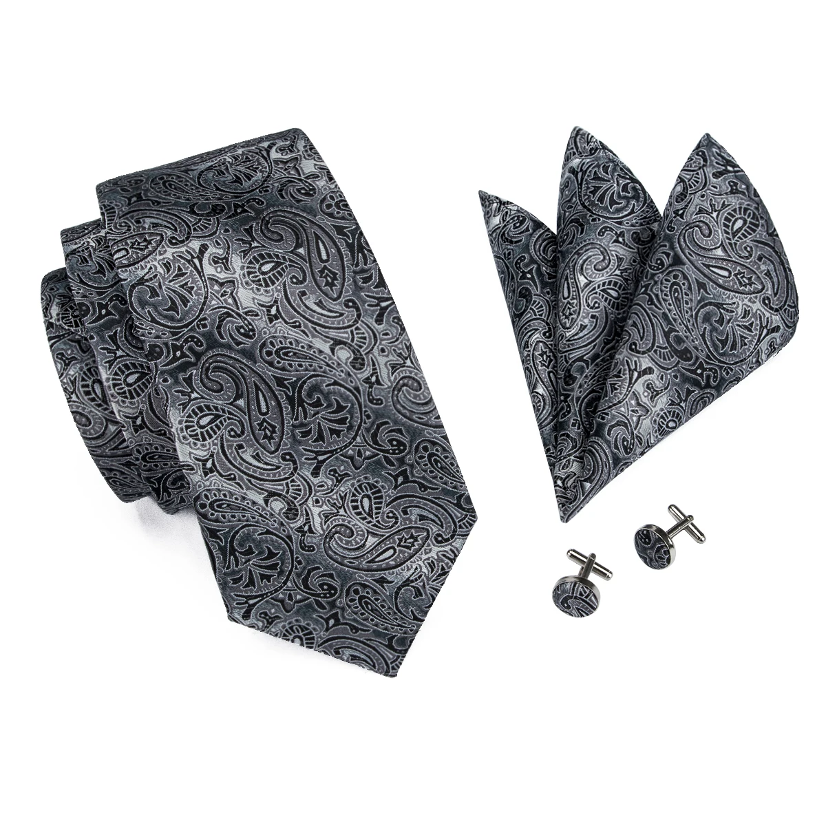 Hi-Tie мужской серый и черный галстук Пейсли Hanky запонки наборы цветочные шелковые галстуки для мужчин формальные свадебные вечеринки жениха