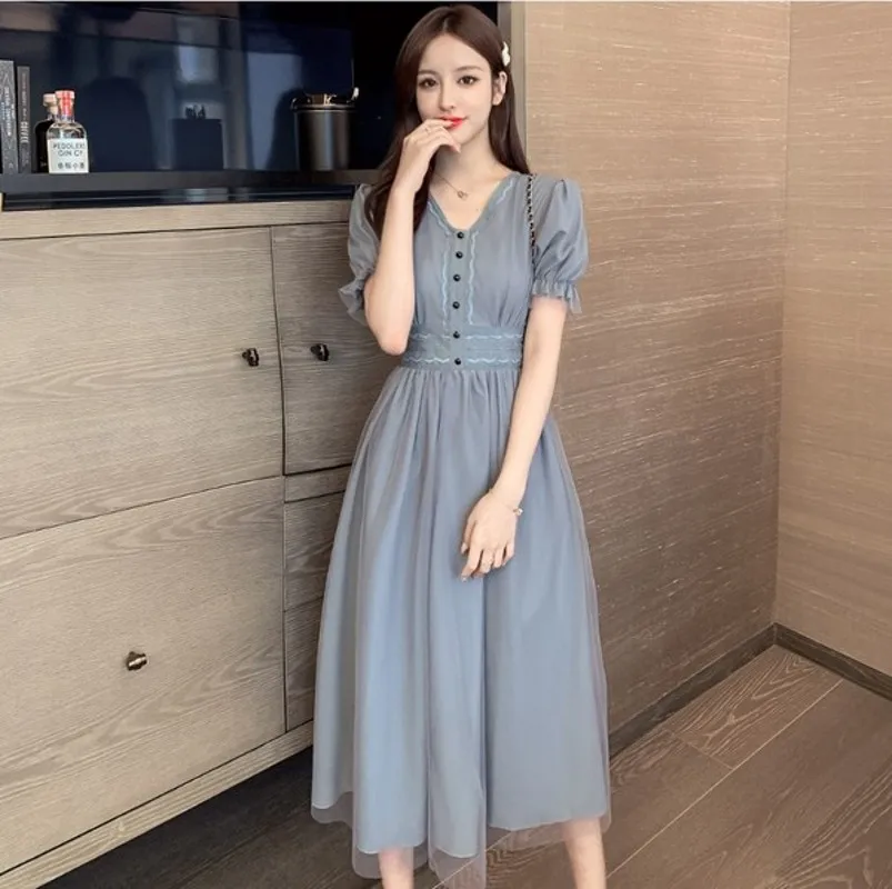 Fashion Sweet Mesh Single-breasted Dress 2020 Summer Women Lantern Sleeve V neck Luxury Slim Drapde Party Vestidos | Женская одежда